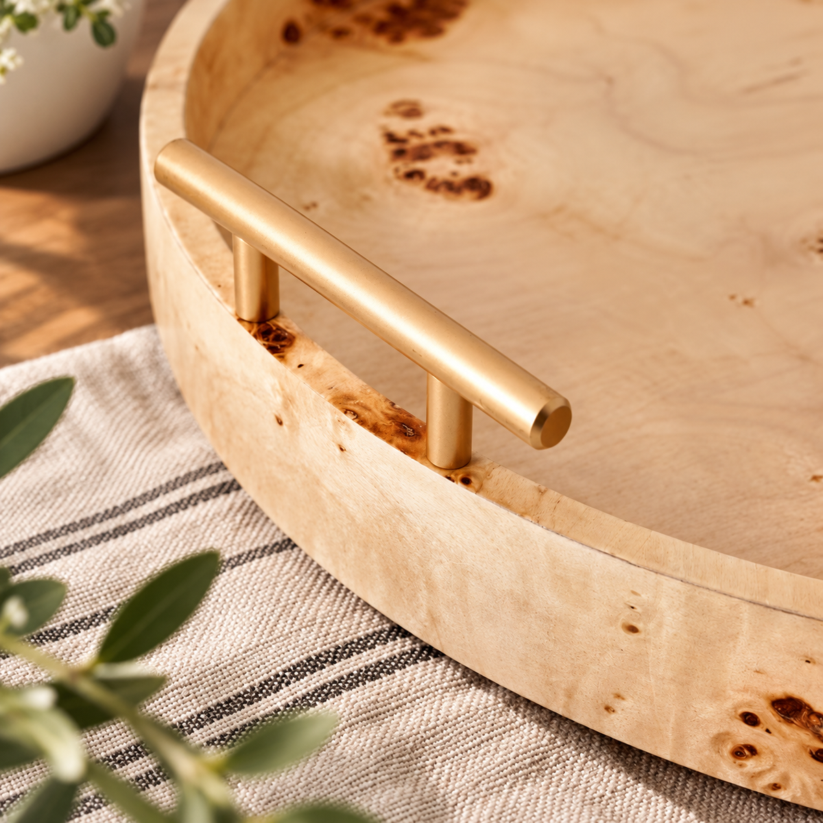 Round Tabletop Tray with Gold Handles