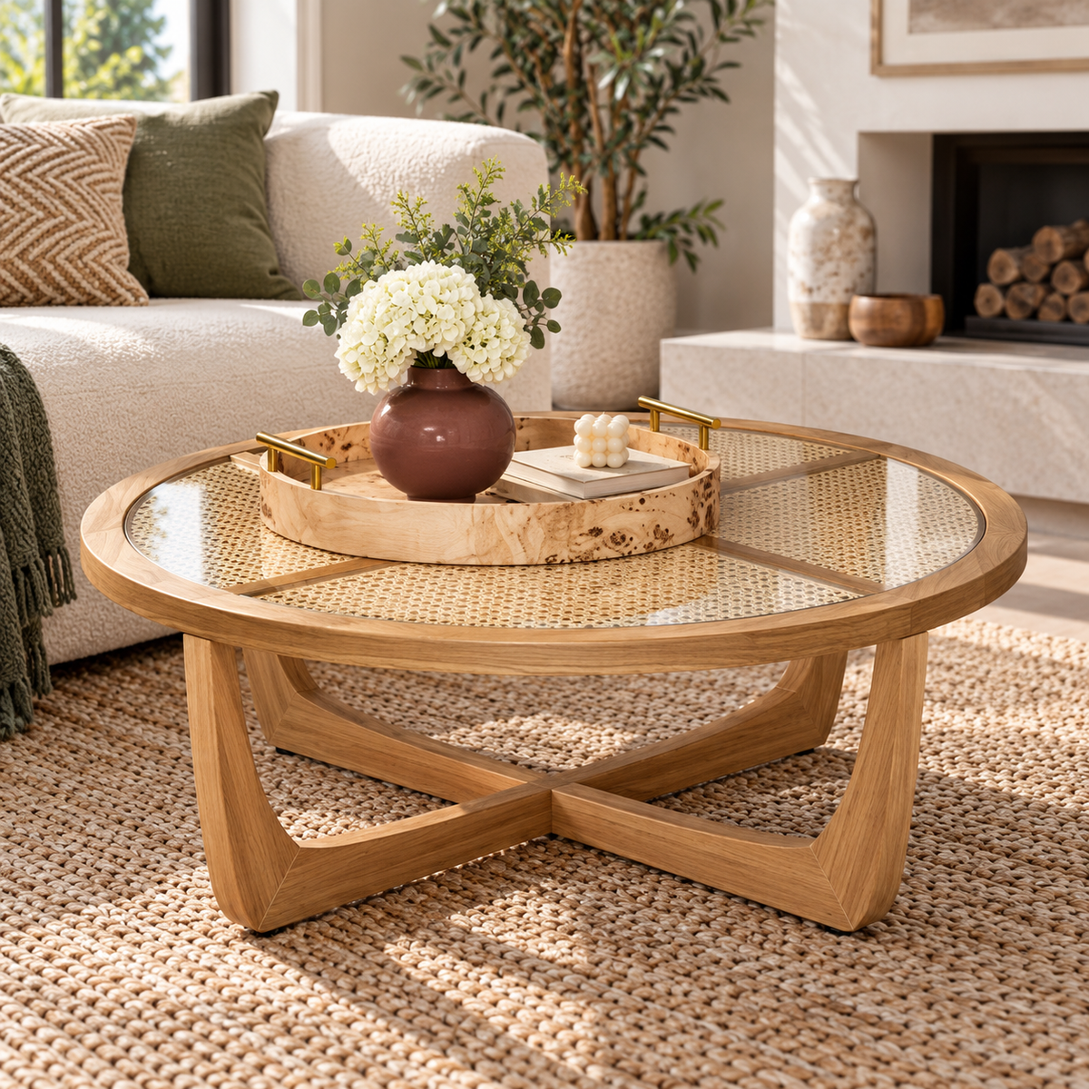 Round Tabletop Tray with Gold Handles