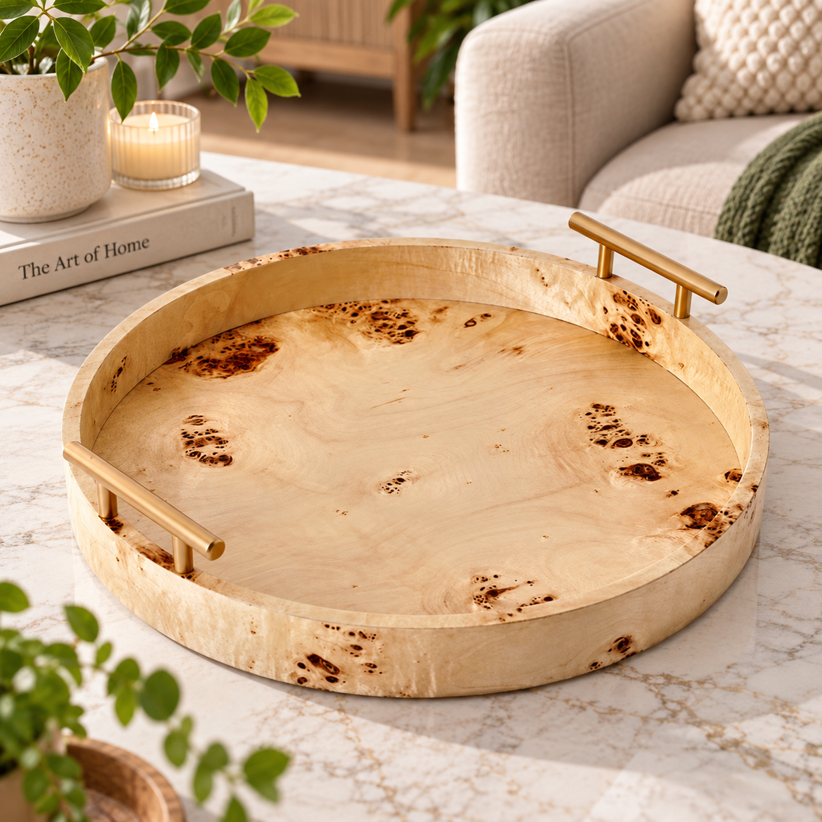 Round Tabletop Tray with Gold Handles