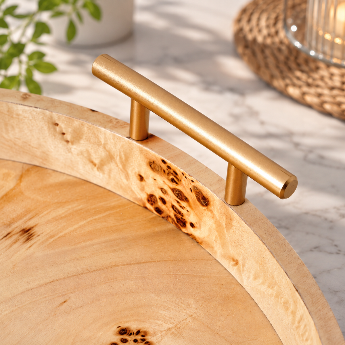Round Tabletop Tray with Gold Handles