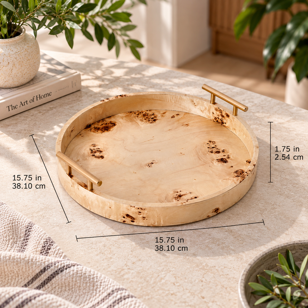 Round Tabletop Tray with Gold Handles