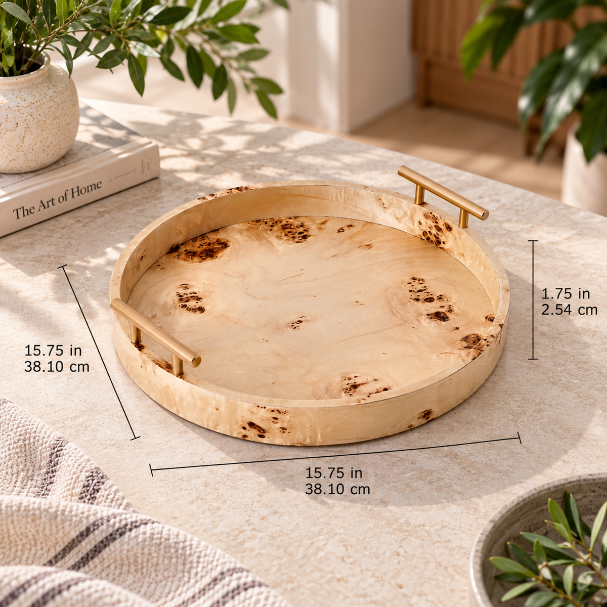 Round Tabletop Tray with Gold Handles
