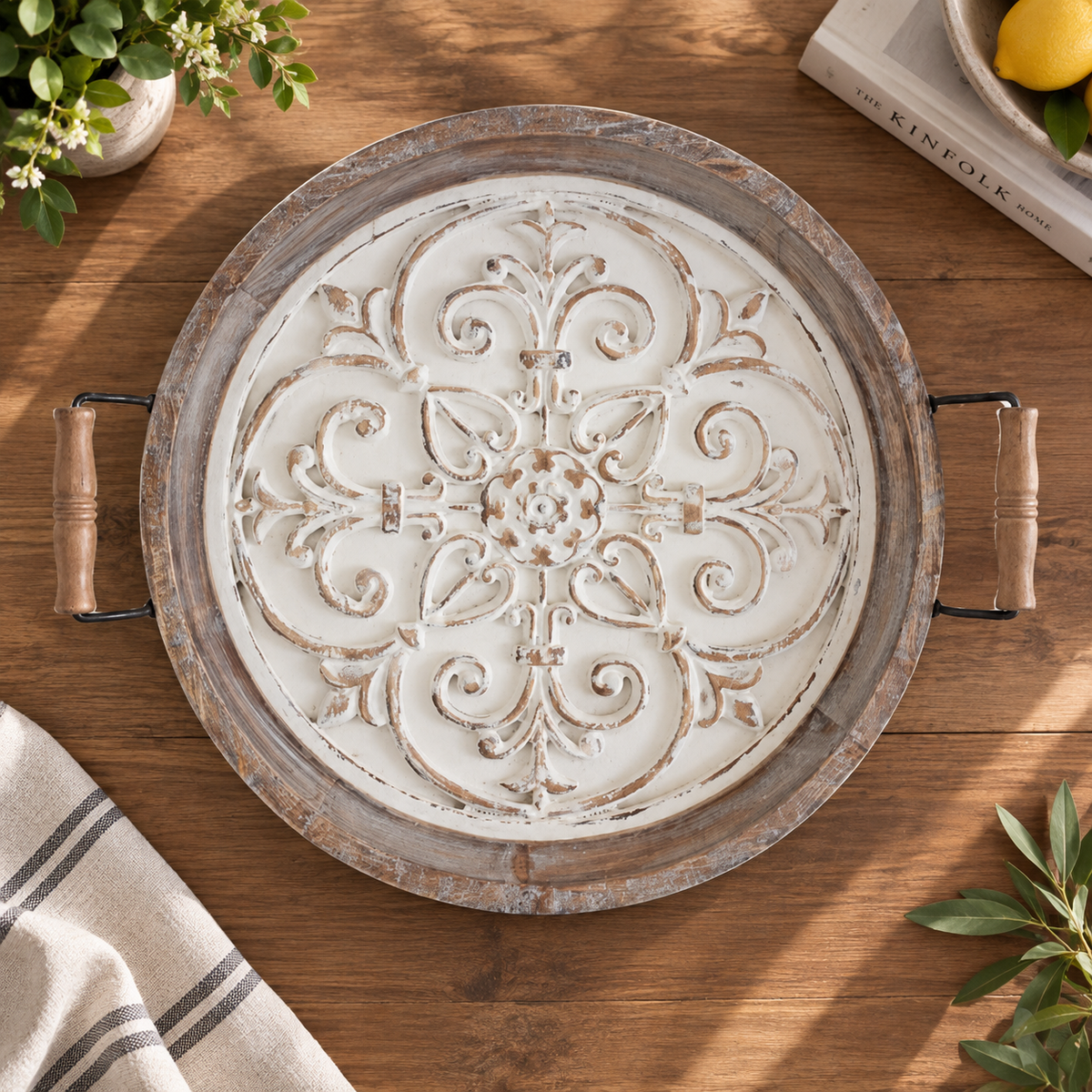Rustic Carved Wooden Organizer Tray