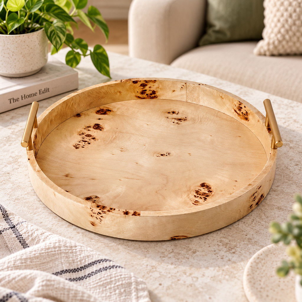 Round Tabletop Tray with Gold Handles