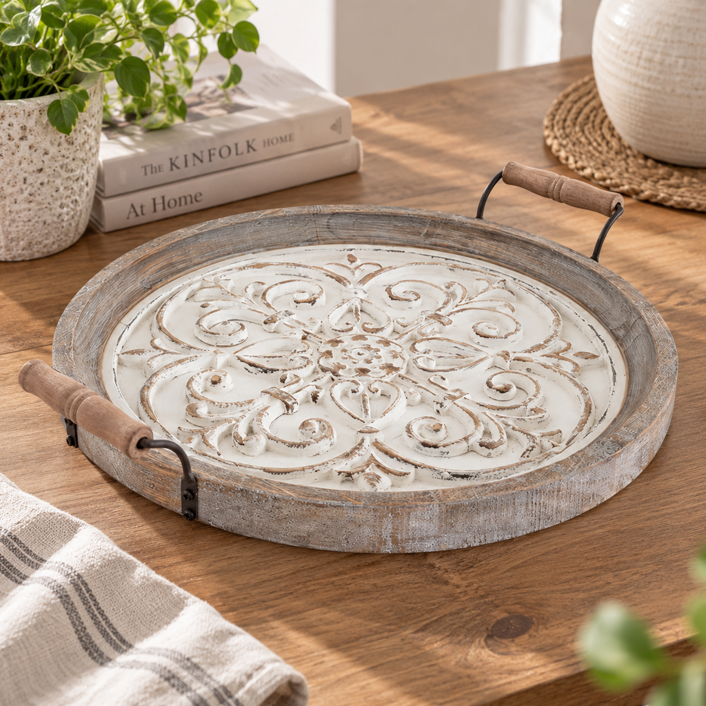 Rustic Carved Wooden Organizer Tray